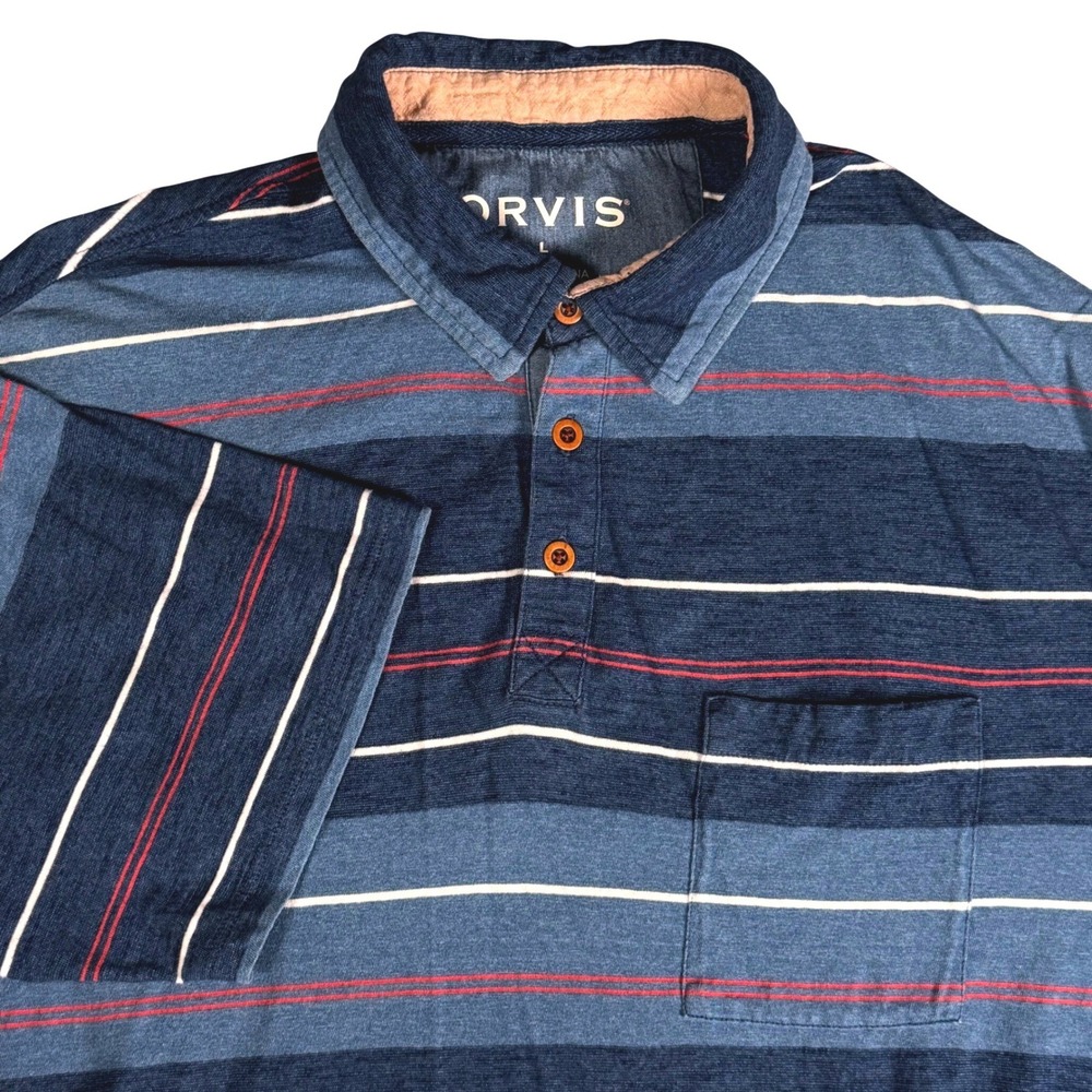 Orvis Mens L Striped Short Sleeve Cotton Pocket Polo Shirt Relaxed Navy Blue Red